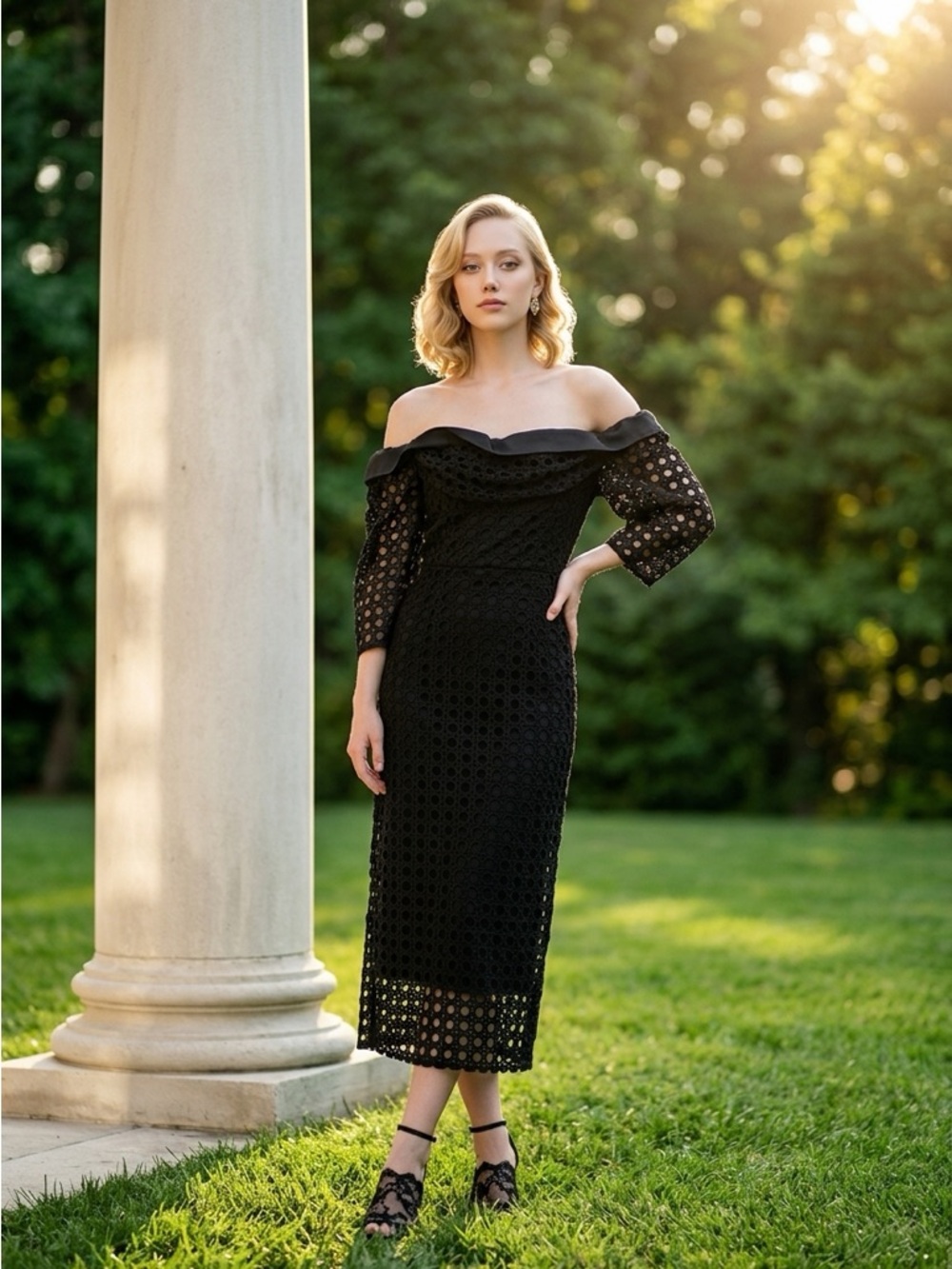 Tuckernuck Off-Shoulder Black Eyelet Lace Midi Dress